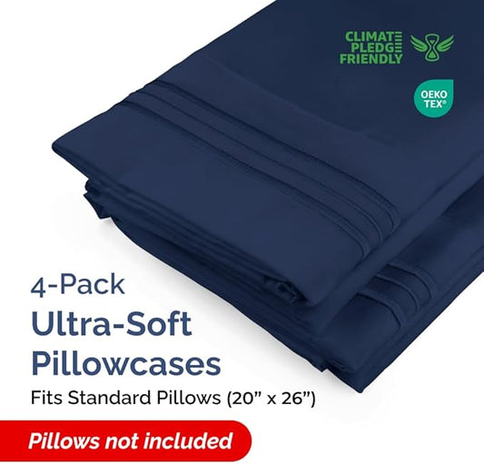 Standard Pillow Cases Set of 4 - Ultra Soft Hotel Quality Pillowcase Covers - Comfy Bedding for Women, Men, Kids & Teens - Machine Washable Pillow Protectors - 4 Piece Set - Standard Size Navy Blue