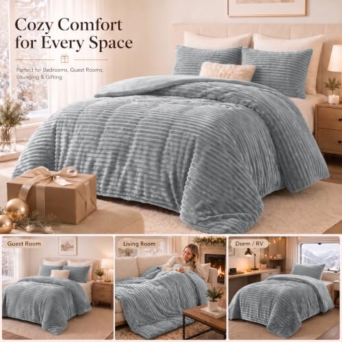CozyLux Fleece Full Size Comforter Sets, 3 Piece Winter Warm Grey Bedding
