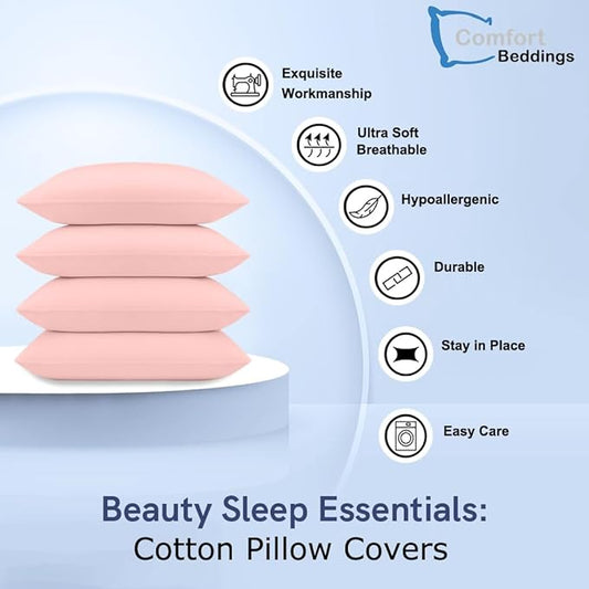 Comfort Beddings Queen Pillowcases Set of 4 – 100% Organic Cotton, 600 Thread Count Sateen, Soft & Comfy Pillow Covers with Envelope Closure, Blush, Queen Size 20 x 30 Inches
