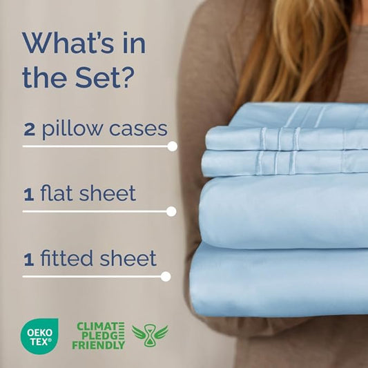 Full XL Bed Sheet - 4 Piece Full XL Bed Sheets Set - Soft, Breathable & Cooling - Hotel Luxury Bedding for Women, Men, Kids, Teens, Boys & Girls - Deep Pockets, Comfy, Fade & Wrinkle Free - Light Blue
