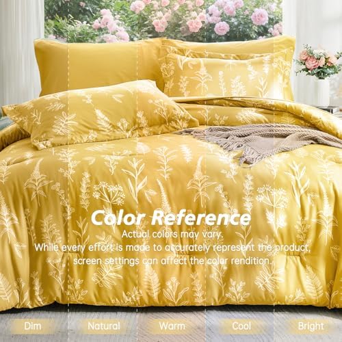 MUXHOMO Bright Yellow Bed in a Bag Queen 7 Pieces, Queen Comforter Set Reversible Botanical Flowers Design, Ultra Soft & Breathable Bedding Sets with Comforter, Sheets, Pillowcases & Shams