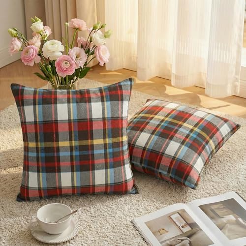 AVOIN colorlife Spring Summer Red Brown Blue Plaid Decorative Throw Pillow Covers, 18 x 18 Inch Holiday Scottish Tartan Cushion Case Farmhouse Decoration for Sofa Couch Set of 2