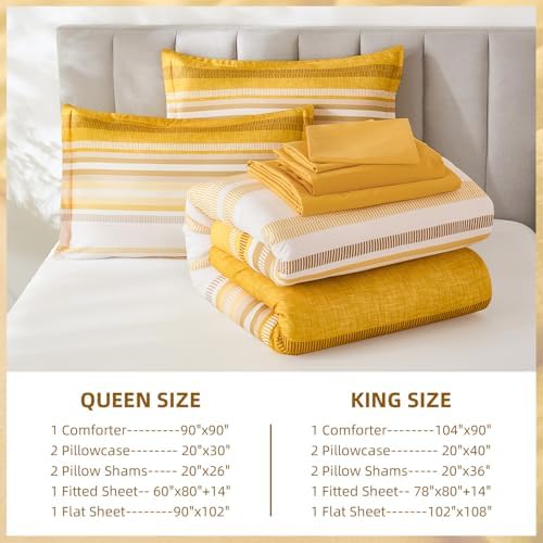 Dobuyly Yellow Comforter Set King Size 7 Piece, Boho Striped Bed in a Bag King Soft Microfiber Bedding Sets with Comforter, Sheets, Pillowcases & Shams All Season