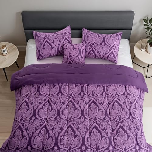 LUX Décor Reversible 5pc King Comforter Set, Printed Bedding Set, All-in-One Bed in a Bag, Includes 1 Comforter, 2 Pillow Shams, 1 Decorative Pillow & 1 Bed Skirt (Paisley Purple,King)