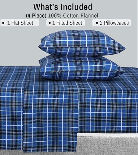 RUVANTI Flannel Sheets Set Split King Size, Blue Plaid