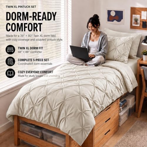 HIMEET Twin Comforter Set Beige - 5 Pieces Pintuck Bed in a Bag