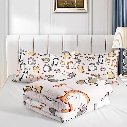 Kids Cute Cat Comforter Set Queen Size 3Pcs Cartoon Pet Cat Fishing Bedding Set Lovely Animal Quilt Bed Set for Children Girls Boys Room Decor