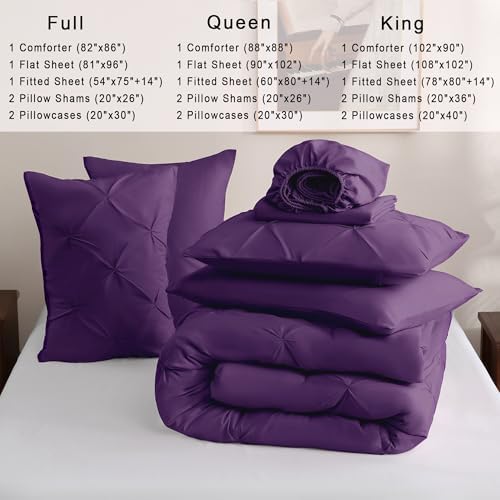 DOWNCOOL Queen Comforter Set, 7 Pieces Purple Pintuck Bed in a Bag