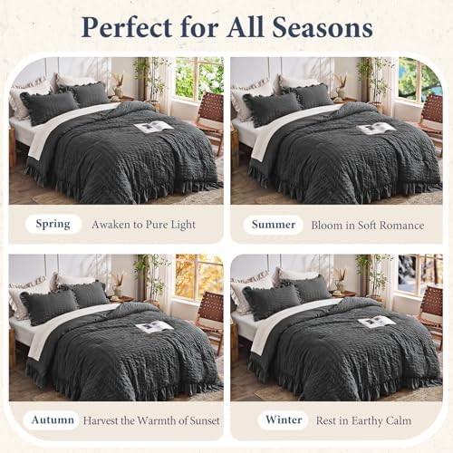 JOLLYVOGUE Oversized King Comforter Set, 3 Pieces Black Seersucker Comforters, Lightweight & Fluffy Bedding Sets for All Season with 1 Ruffle Comforter and 2 Ruffle Pillowshams