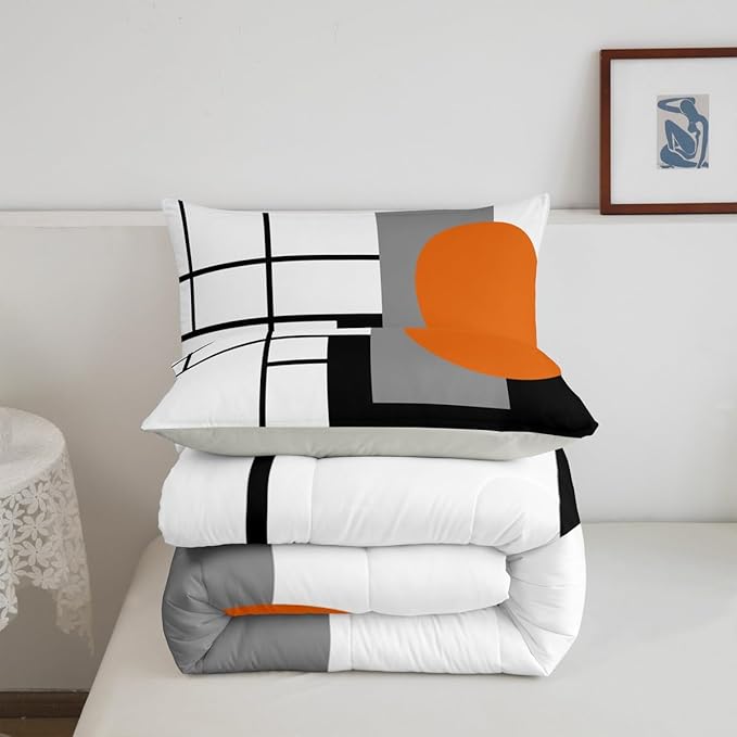 Erosebridal White Black Orange Striped King Bedding Set Boho Modern Geometric Abstract Comforter Set for Adult Women Men Stripes Lines Bed Collections Minimalist Square and Circle Quilt Sets