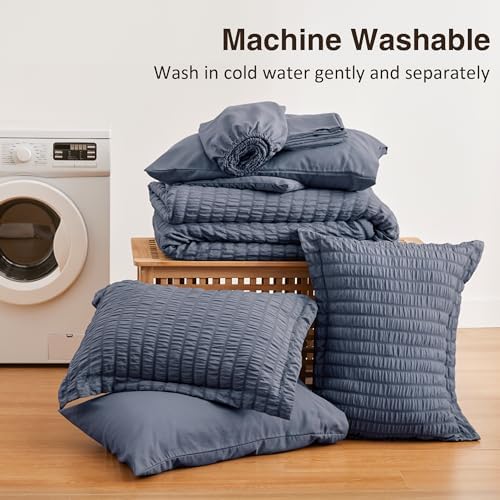 Love's cabin Seersucker Navy Blue Queen Comforter Set