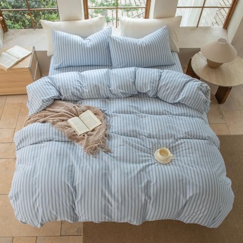 Striped Duvet Cover Set King Size 3 Piece 100% Washed Cotton Linen Feel Bedding Comfy Breathable Modern Farmhouse (King, Double Stripe-Light Blue/White)