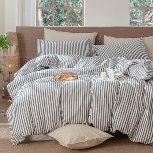 MooMee Striped Duvet Cover Set 100% Washed Cotton Linen Like Full