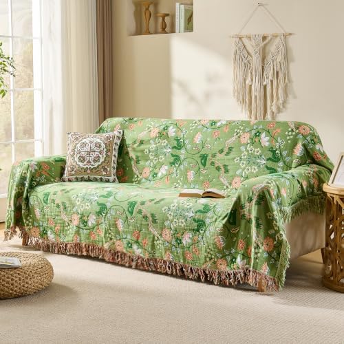VANJOROY Boho Throw Blanket, 100% Organic Cotton Breathable Skin-Friendly Ultra Soft 50" x 60" Bed Quilt Green Throw - Floral Rustic Decor Luxury Reversible Blanket for Sofa Couch Chair and Gift,