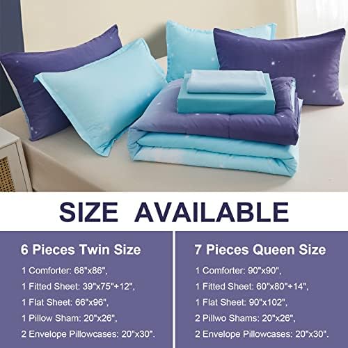 Dinjoy Girls Comforter Set Queen Size 7 Pieces Bed in A Bag Ombre Blue Purple Rainbow Bedding Set Collections for Teen Women (1 Comforter, 1 Flat Sheet, 1 Fitted Sheet, 2 Pillow Shams, 2 Pillowcases)
