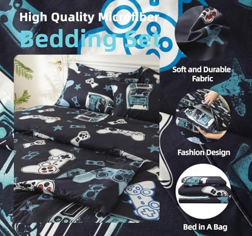 SDY 7PCS Full Gaming Console Comforter & Sheet Set,Soft Cute Gamer Microfiber Bedding for Kids, Boys & Toddlers Room Decor, Includes 1 Comforter, 1 Flat&Fitted Sheet, 2 Pillowcases & 2 Pillow Shams