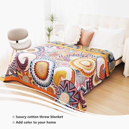 VANJOROY Boho Throw Blanket, 100% Organic Muslin Cotton Skin-friendly Breathable Ultra Soft Bed Quilt Throw - All Season Bohemian Decor Luxury Colorful Blanket for Sofa Couch Chair and Gift. 80" x 90"