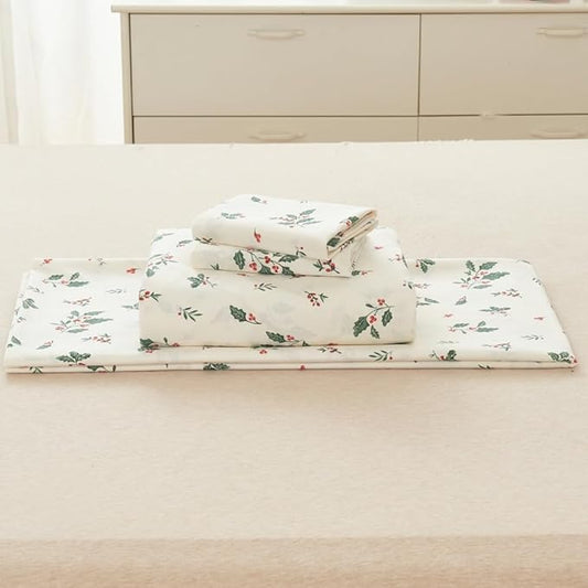 DAUAOTO 100% Cotton Bedding Christmas Printed Sheets Set for Full Size Bed Up to 14" Deep Mattress, Bedlinen Sets Holly Berries Pattern