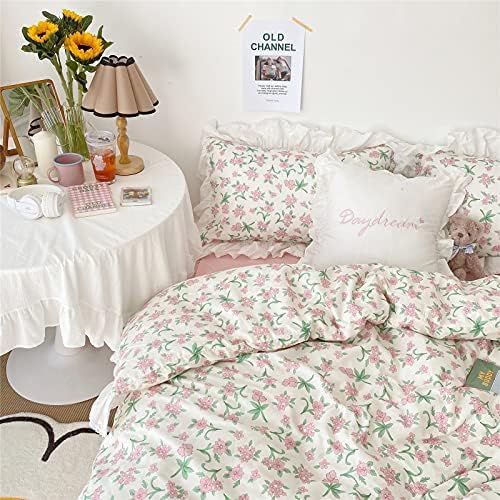 VM VOUGEMARKET Girls Ruffle Bedding Set Twin XL 3 Pieces Pink Flower Duvet Cover Set with Lace Edge-100% Cotton Elegant Princess Style Comforter Cover-68x90 Inch