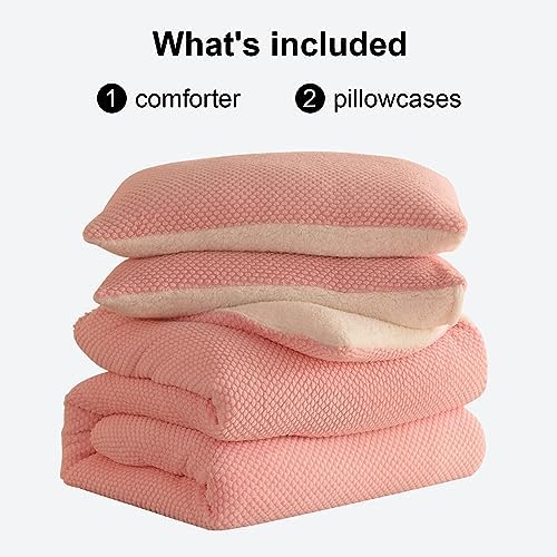 LLanCL 3D Jacquard Design Comforter Set, Ultra-Soft Warm King Size Sherpa Fur Plush 3-Pieces Sets Luxury Cozy Bedding with 2 Pillowcases (104"x90", Pink)