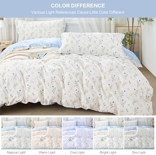 SAPHREAS 2pcs Twin Size Botanical White Duvet Cover Set Blue Floral Bedding Comforter Cover Set 100% Cotton 1 Duvet Cover 68"x90" 1 Pillow Sham, Comforter Not Included