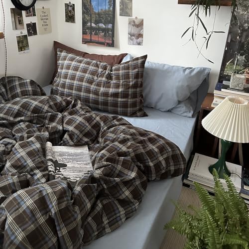 mixinni Vintage Brown & Blue Buffalo Plaid Duvet Cover Set Twin XL Size - 3 Piece Washed Cotton Bedding Set with Grid Pattern, Soft & Breathable Duvet Cover with Pillowcases for Boys, Men& Women