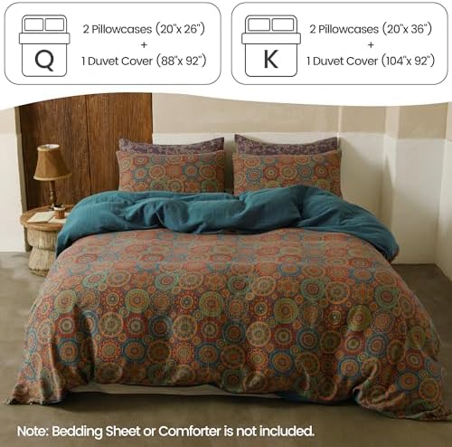 BISELINA 100% Cotton Muslin Duvet Cover Set Queen, 3 Pcs Yarn-Dyed Jacquard Textured Vintage Kabyle Pattern, Soft and Breathable Bedding Set with Zipper Closure, Kabyle Blue Orange