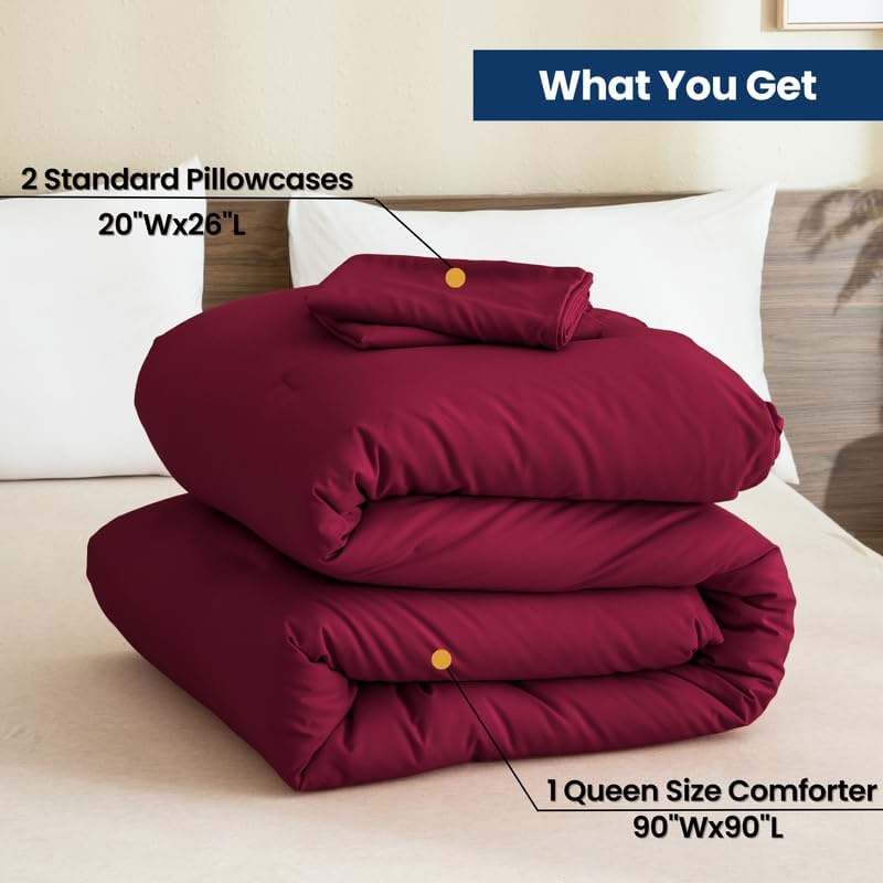 Paxrac Burgundy Comforter Set Queen, 3 Pieces Lightweight Solid Bedding Set, Soft Fluffy Comforter, All Season Bed Set (90"x90" Comforter & 2 Pillowcases)