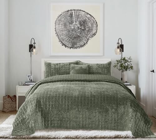 Quilt Set Queen Size 90x98 Luxurious Velvet Bedding Sets with 2 Pillow Shams 20x26 3 Pieces Ultra Soft Quilted Bedspread Coverlet Comforter for All Season,Army Green