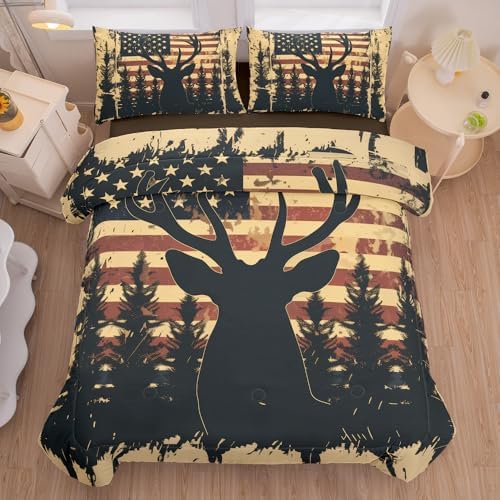 Deer Comforter Sets Full 5PCS with Sheets,Deer and American Flag Comforter Set for Hunter Bedroom Decor,Deer Bedding Full,Bedding Set for Boys Adult Teens