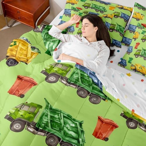 Erosebridal Boys Garbage Trucks Queen Bed in A Bag, Trash Truck Comforter Set with Sheets, Cartoon Car 7 Pieces Bedding Set for Teens Men Kids Room Decor, Colourful Trash Cans Green Bed Sets