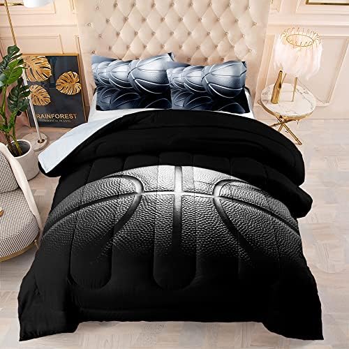 Basketball Comforter Set,Sports Basketall Bedding Set with Pillowcases, Boys Comforter Set Twin,Black Ultra Soft Microfiber Kids Bed Set,Basketball Bedding for Teen Boy Kids