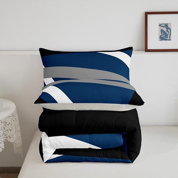 Erosebridal Blue Gray Black Striped Twin Bedding Sets for Adult Women Men Modern Abstract Comforter Set Geometric Lines Quilt Duvet Set Aesthetic Boho Bedding Collections