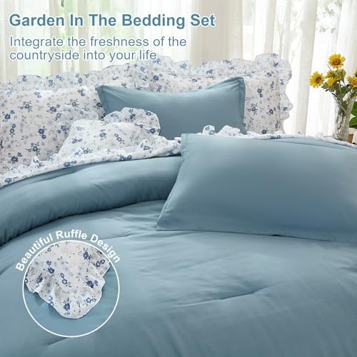 WONGS BEDDING 8PC King Comforter Set, Ruffle Comforter with Floral Sheets