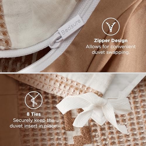 Bedsure PureWoven Boho Striped 100% Cotton Waffle Duvet Cover Set, Queen