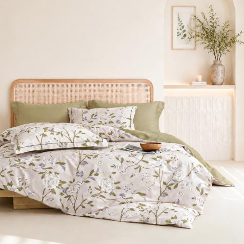 King Comforter Set 3 Pieces, 100% Cotton Light Grey Botanical Floral Bedding Set for All‑Season, Soft Hypoallergenic Comforter with 2 Pillow Shams