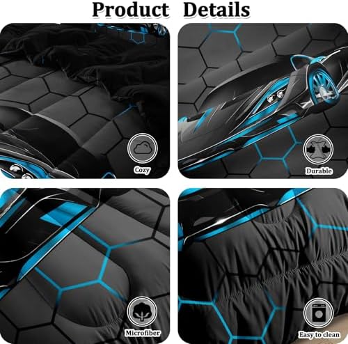 5 Pcs Race Car Twin Bedding Set for Boys, Blue Sports Car Twin Boys Comforter Set with Sheets