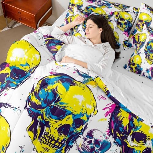 Erosebridal Sugar Skull 7 Piece Bedding Set Twin Gothic Neon Comforter Set with Sheets Happy Halloween Bed in a Bag Cartoon Skeleton Colorful Ombre Bed Sets Comforter