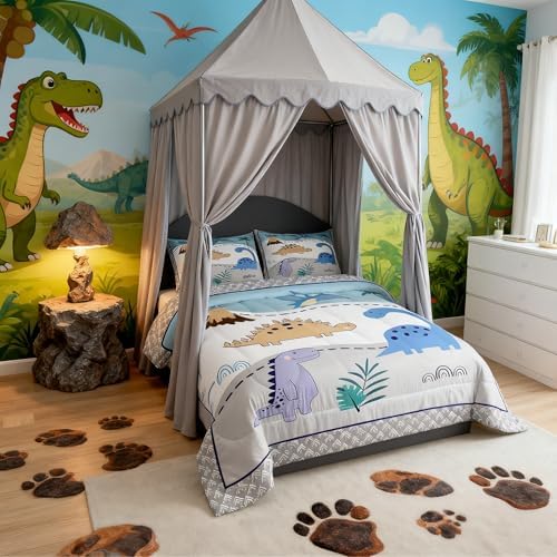Castle Fairy Cartoon Jungle Dino Comforter/Duvet Set King Size,Kids Dinosaur Ultra Soft Bed Collection,Cute Wildlife Animal Double Sides Print Bedding for Bedroom Decor 3 Pcs,Microfiber Breathable