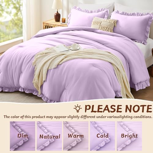 FUANNA King Size Comforter Set, Ruffle Bedding Set, 3 PCS Bed Set, Lavender