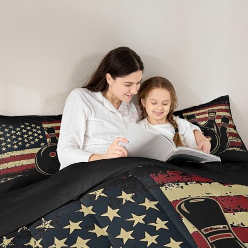Erosebridal American Flag Bedding King Black Bowling Print Comforter 3pcs Kids Sports Gaming Bedding Comforter Sets for Boys Bowling Quilt Retro Stripes Bedroom Set for All Seasons with 2 Pillowcase