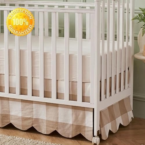 Brandream Scallop Edge Cotton Crib Skirt, Baby Boy Girl Gender Neutral Crib Skirt Toddler Bedskirt Farmhouse Chic Nursery Crib Bed Skirt, Boho Bohemian Khaki Buffalo Plaid Gingham Skirt