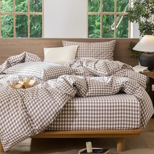 MooMee Gingham Duvet Cover Set 100% Washed Cotton Linen Like