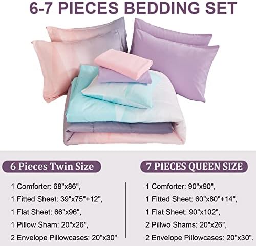 Dinjoy Girls Comforter Set Queen Size Colorful Ombre Blue Pink Purple Rainbow Bedding Set 7 Pieces Bed in A Bag for Kids Teen Girls Women with Comforter, Flat Sheet, Fitted Sheet