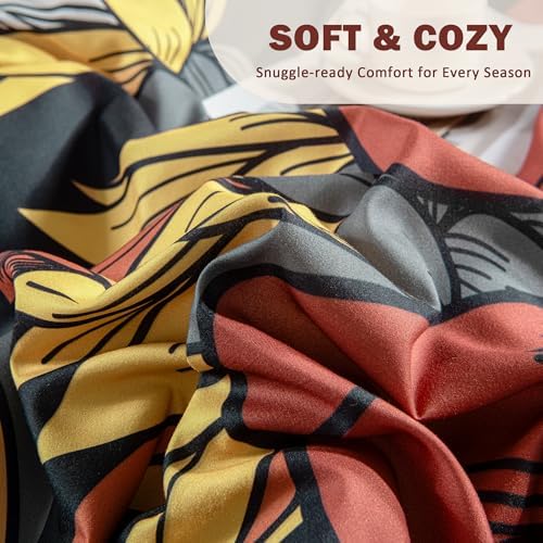 Tyrot Black Boho Floral Queen Comforter Set - 3 Piece Farmhouse Botanical Bedding Comforter Sets for All Season Soft Lightweight Mid Century Bed Set, (1 Reversible Comforter and 2 Pillow Shams