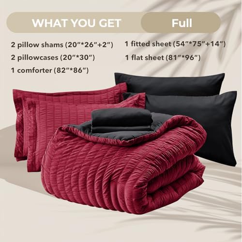 HYMOKEGE Red & Black Full Size Comforter Sets Seersucker 7 Pieces, All Season Luxury Bed in a Bag for Bedroom, Bedding Set with Comforters, Sheets, Pillowcases & Shams