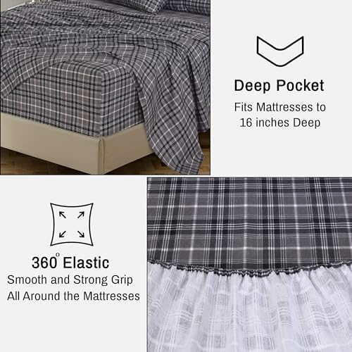 RUVANTI 100% Cotton Flannel Sheets Full Size, Grey Plaid