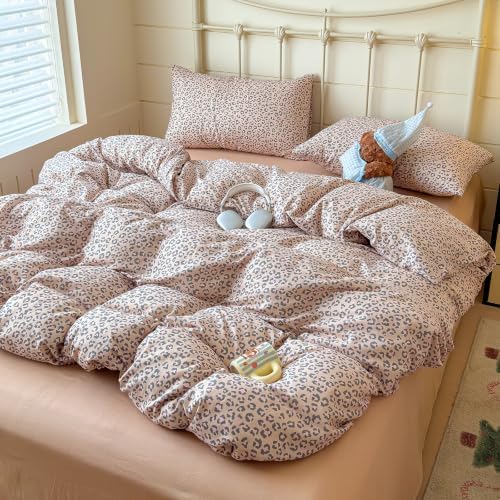 mixinni Light Brown Leopard Print Duvet Cover Set Queen Size, 3PCs Cute Animal Cheetah Bedding, 100% Cotton Double Gauze Soft Aesthetic Retro Pink Black Bedding Set with 2 Pillowcases for Girls Women