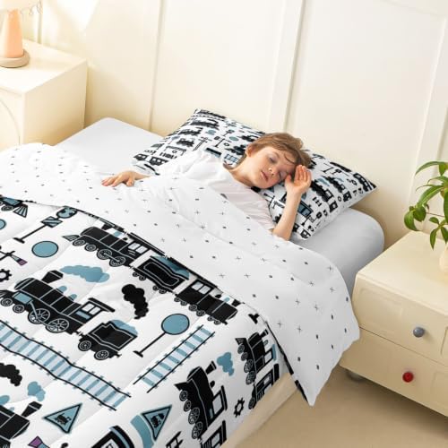 Feelyou Train Comforter Set Toddler Size Cartoon Car Bedding Set for Kids Boys Girls Cute Vehicle Duvet Quilt Bedroom Decor Microfiber 2 Pcs with 1 Pillow Case