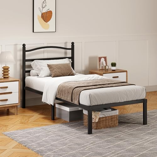 Snaye 14 Inch Twin Bed Frame with Headboard, Heavy Duty Metal Platform Bed Frame Twin Size Mattress Foundation with Sturdy Steel Slats, Easy Assembly Noise Free